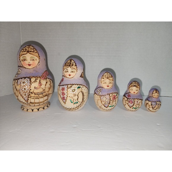 Set of 5 handmade and hand-painted Russian nesting dolls matryoshka lavender